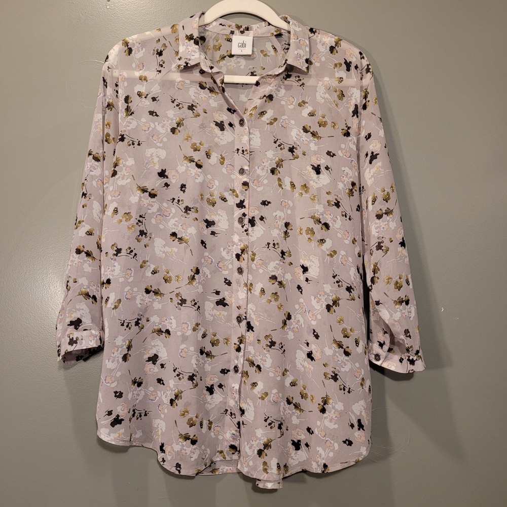 Cabi Floral Print Button-Up Blouse 3/4 Length Sleeves Women's Size S Gray Multi